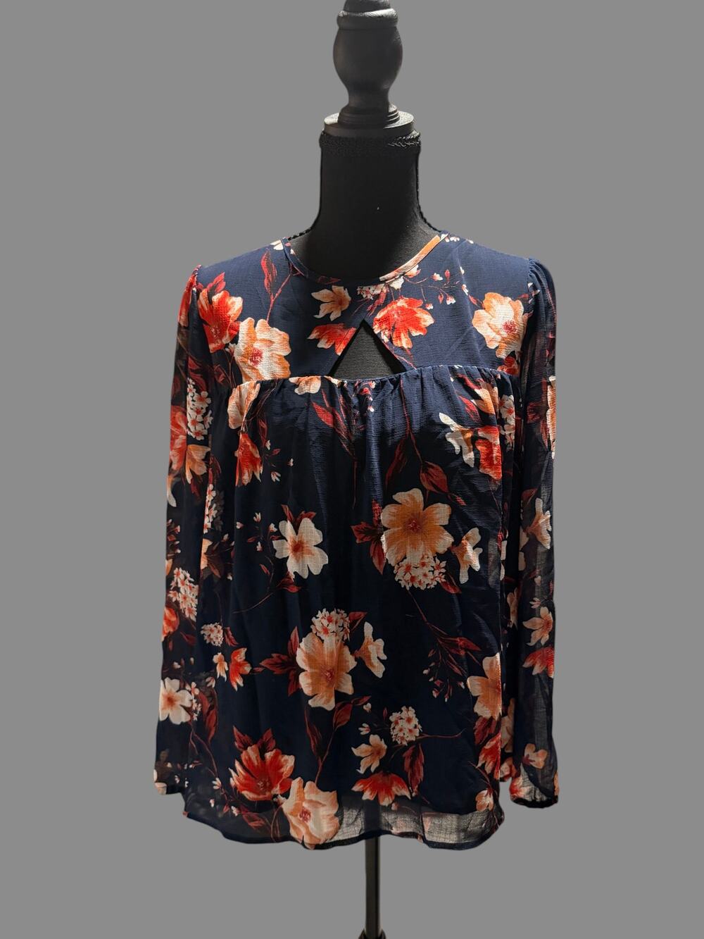 Pleione Women's Navy Floral Long Sleeve Blouse Boho Sheer Boutique Top
